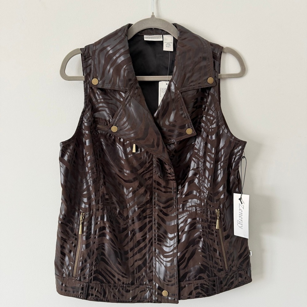 Zenergy by Chicos Criusin Zebra‎ Print Moto Vest Chocolate Brown Size 1 Medium